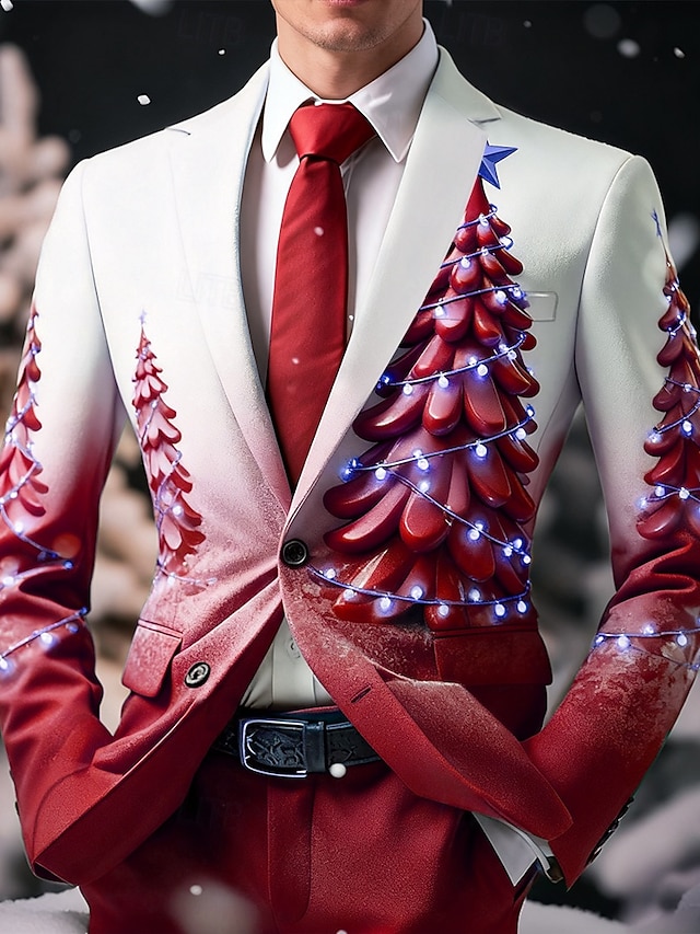  Pánské Blejzr Kabát Vánoce Ležérní Běžné Denní Podzim zima 100% polyester Vánoční stromek 3D tisk Knoflíky Zahřívací Pohodlné Jednořadé Blejzr Rubínově červená Vodní modrá Fialová Trávová zelená