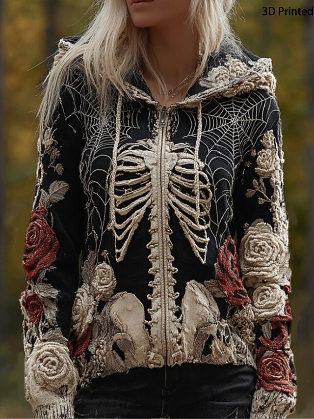 Women's Zip Up Hoodies Graphic Skull Punk Active Vintage Long Sleeve Hooded Regular Tops Home Dailywear Casual Patchwork Black Fall Winter2