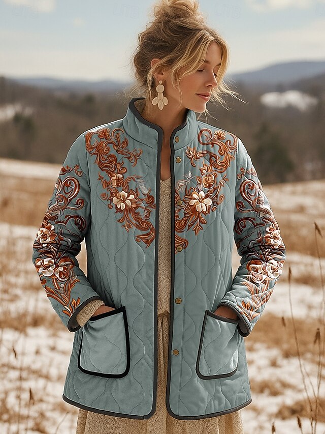 Women's Winter Jacket Quilted Jacket Warm Lightweight Print Active Vintage Cute Artistic Floral Casual Regular Stand Collar Regular Fit Long Sleeve Outerwear Blue Purple Green Fall Winter4