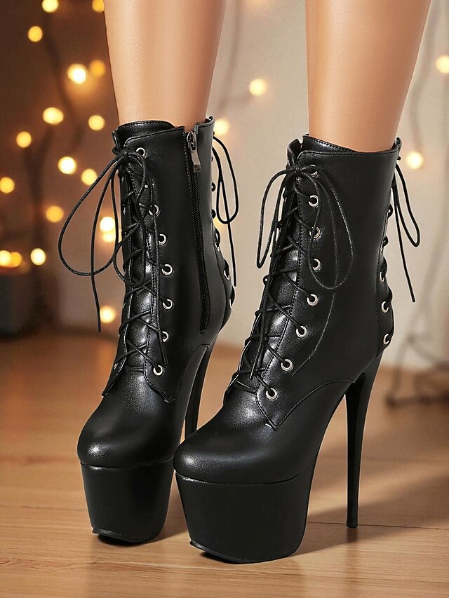  Botas femininas pretas de couro sintético com cadarço e plataforma - botas curtas sensuais de salto agulha alto para a vida noturna &pole dance