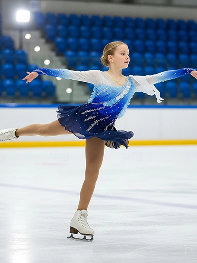 Figure Skating Dress Women's Girls' Ice Skating Dress Blue+Green Black Patchwork Glitter Mesh Spandex High Elasticity Practice Competition Skating Wear Handmade Crystal / Rhinestone Long Sleeve Ice 6