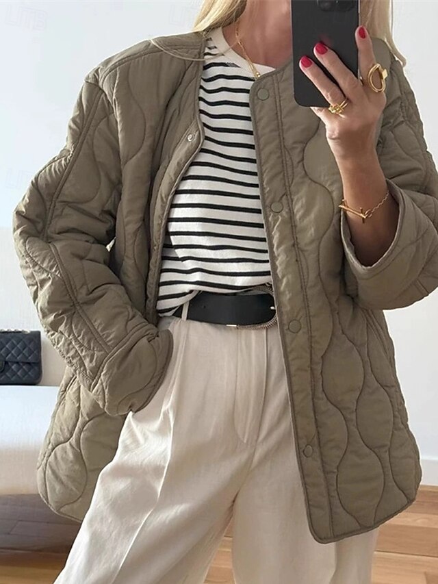 Women's Puffer Jacket Quilted Jacket Casual Jacket Comfortable Breathable Pocket Buttons Casual Plain Vacation Street Casual Daily Wear Single Breasted Short Collarless Regular Fit Long Sleeve4