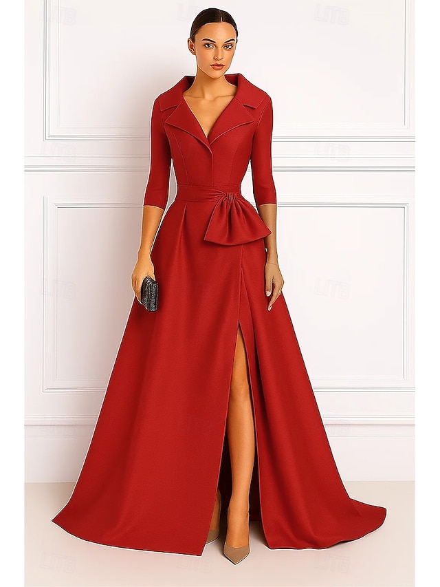  Ligne A Robe de Soirée Élégant Robe de soirée Formel Mariage Traîne Balayage Manche 3/4 Col en V Satin Extensible avec Noeud(s) 2025