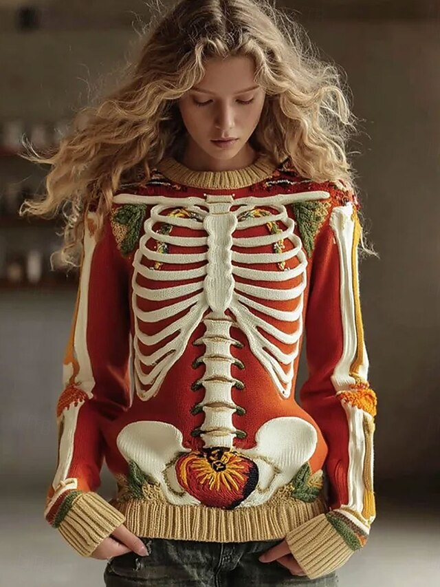 Halloween Women's Sweater Skeleton  Cute Streetwear Casual Graphic Skeleton Crew Neck Patchwork Knitted Long Sleeve Regular Tops KnitOrange Fall Winter4