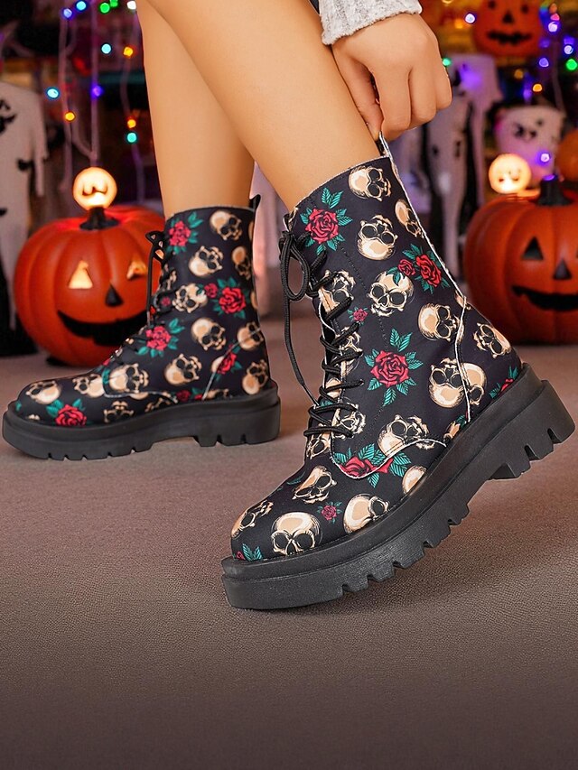 レディースハロウィンスカルプリントコンバットブーツ - ゴシックフェスティバルやコスプレパーティーにぴったりのバラ柄レースアップチャンキーソールアンクルブーツ