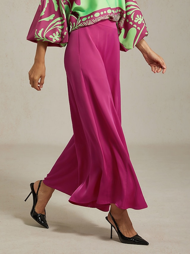  kvinners brede ben bukser burgunder sateng lomme casual elegante loose fit bukser våren sommer