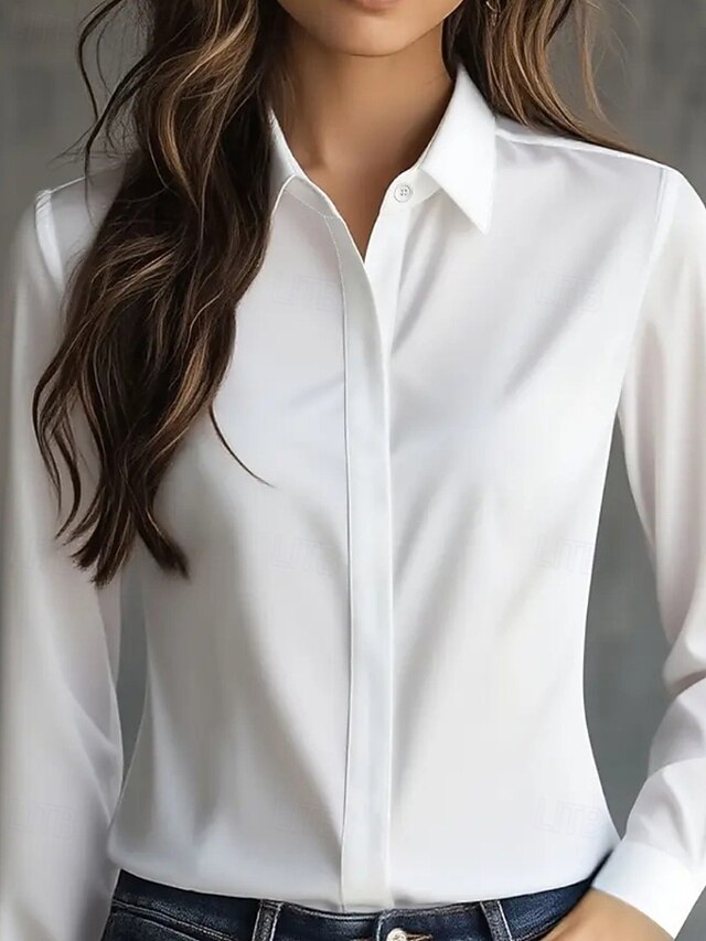 Women's Shirt Elegant Dressy Satin Plain Elegant Stylish Long Sleeve Shirt Collar Regular Tops Work Going out Buttons Black White Gray Spring Fall4