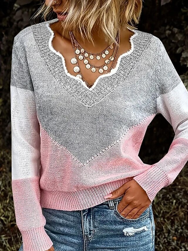 Women's Sweater Casual Soft Color Block Ribbed V Neck Knitted Long Sleeve Regular Tops Knit Outdoor Daily Weekend Pink Spring Fall4