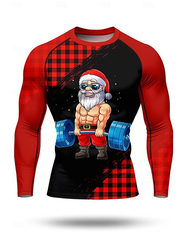  Christmas Men's Compression Shirt Running Shirt Long Sleeve Base Layer Plaid Checkered Quick Dry Compression Power Flex Moisture Wicking Gym Workout Active Training Exercise Sportswear Activewear
