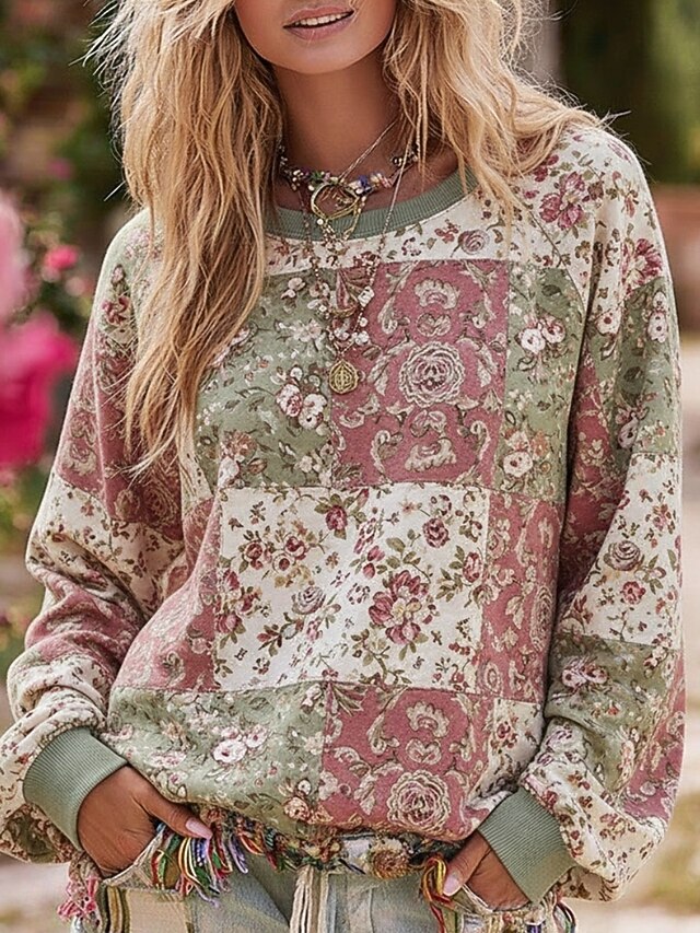 Women's Pullover Hoodies Floral Plaid Fashion Streetwear Casual Long Sleeve Crew Neck Hooded Regular Tops Dailywear Casual Drawstring Print Pink Spring Fall4