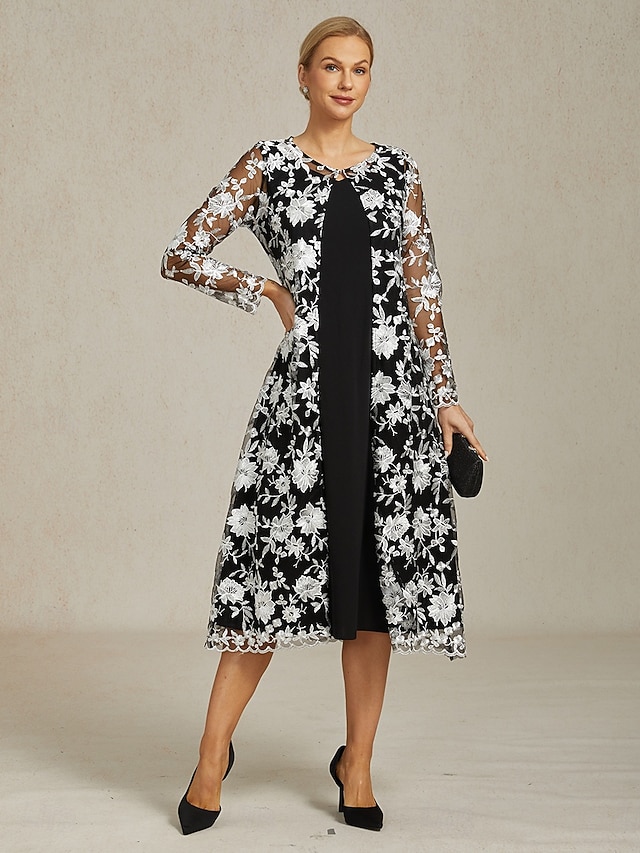  女性用 コート 高通気性 レース 刺繍 エレガント フラワー フォーマル 結婚式 パーティー ロング クルーネック ルーズフィット 長袖 アウターウェア ブラック 夏 春