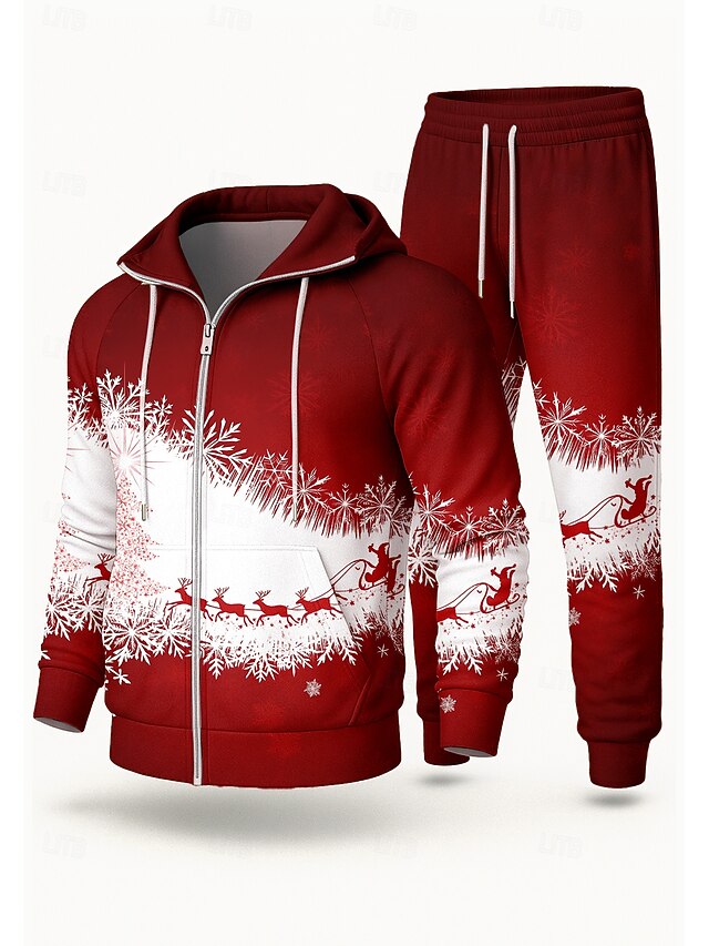 Christmas Men's Hoodie Tracksuit 2 Piece Tracksuit Drawstring Zip Up Clothing Suit Fall Red Vocation Outdoor Travel Lightweight Fashion Long Sleeve Sport Activewear Stretchy Regular Fit4