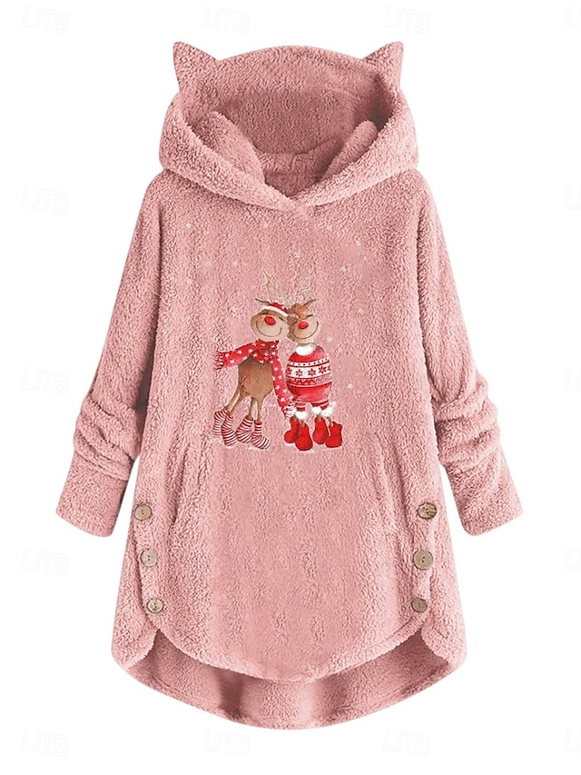 Dame Pullover hettegenser-genser Grafisk Reinsdyr Fritid Langermet Med hette Crop Tops Gate Hverdag Avslappet Lomme Trykt mønster Rosa Vin Grå Høst Vinter