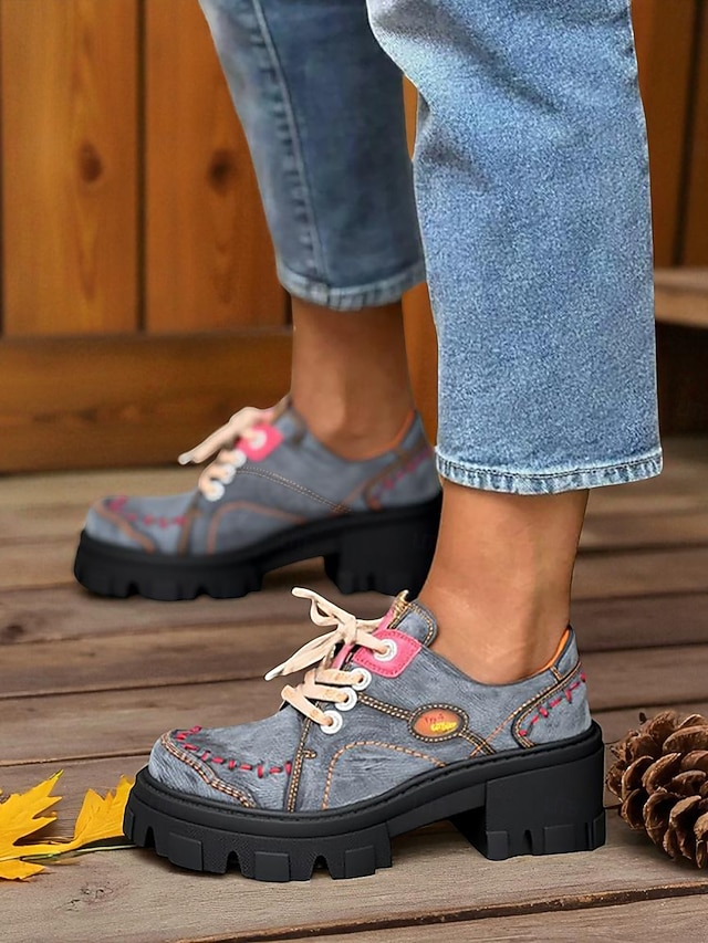  Damskie, zielone, skórzane, sznurowane, grube, codzienne buty z prawdziwej skóry – skórzane buty w stylu retro typu oxford, idealne na jesienną modę i spacery na świeżym powietrzu