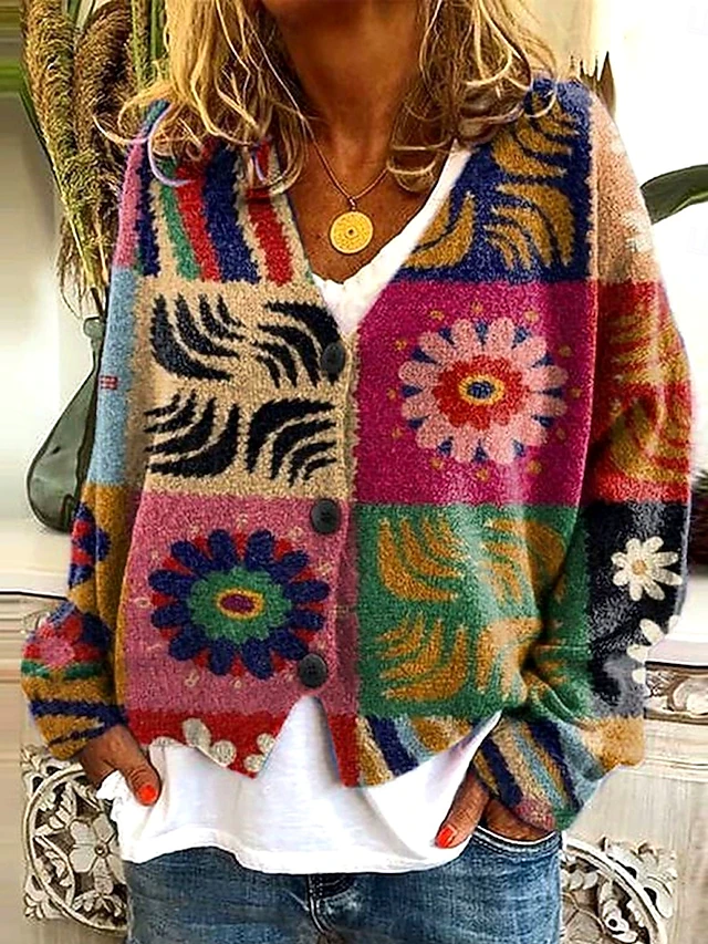 Women's Sweater Cardigan Elegant Vintage Fashion Floral Graphic Geometric V Neck Pocket Knitted Print Long Sleeve Regular Tops Knit Outdoor Daily Weekend Red Brown Blue Fall Winter4