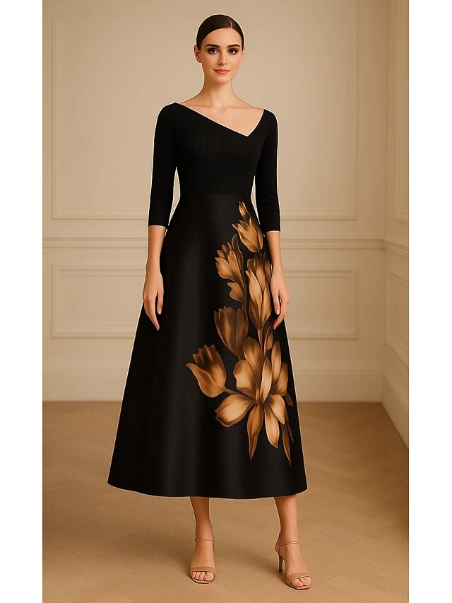 Black Floral Print Mother of the Bride A-Line Cocktail Dresses Stretch Crepe Elegant Formal Dress Formal Wedding Tea Length 3/4 Length Sleeve V Neck Satin4