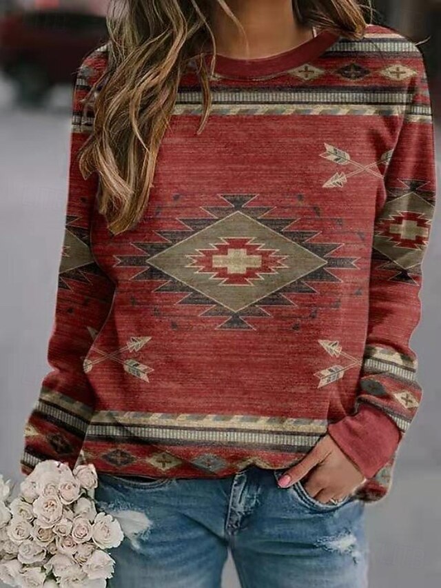 Women's Pullover Sweatshirt Hoodies Graphic Geometric Fashion Casual Long Sleeve Crew Neck Regular Tops Street Dailywear Casual Print Wine Fall Winter2