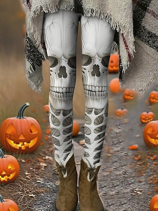 Women's Leggings Cozy Leggings Vacation Vintage Basic Full Length High WaistPantsHalloween Skull Printing Thermal Warm Comfortable Stretchy Vacation Casual Daily ash-colored Fall Winter Slim Fit4