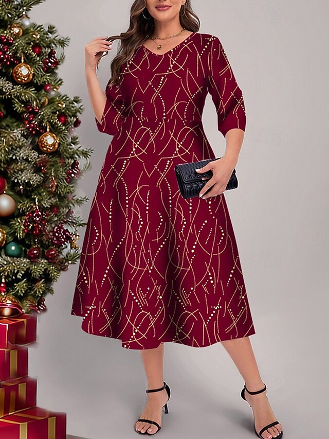 Women's Midi Dress Velvet Dress Cocktail Dress Fashion Modern Evening Party Date Weekend Regular Fit Geometric Half Sleeve V Neck Red Spring Fall4