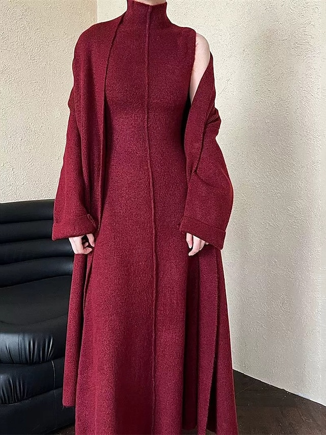  Damen Langes Kleid Maxikleid Strickkleid Freizeitkleid Kleid-Set Elegant Mode Modern Outdoor Täglich Ausgehen Normale Passform Einfach Langarm Hoher Ausschnitt Stehkragen Rote Winter Herbst