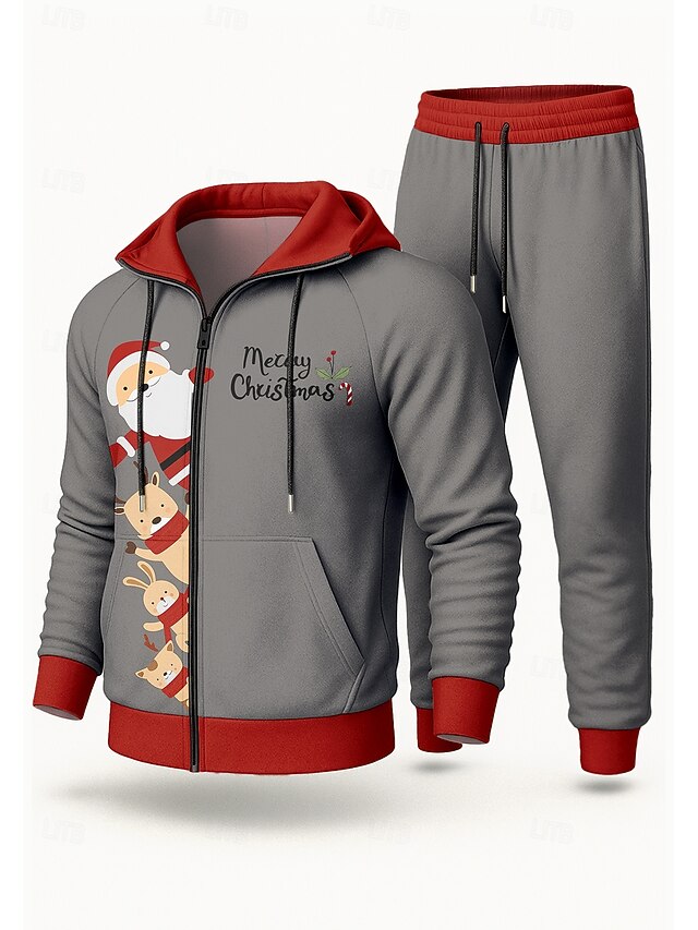 Christmas Men's Hoodie Tracksuit 2 Piece Tracksuit Drawstring Zip Up Letter Athletic Clothing Set Clothing Suit Fall Red Vocation Outdoor Travel Lightweight Fashion Long Sleeve Sport Activewear4