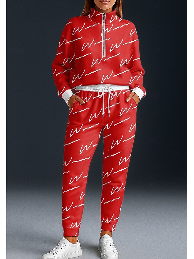 Christmas Women's Sweatshirt Tracksuit 2 Piece Tracksuit Baggy Letter Clothing Suit Fall Red Vocation Outdoor Travel Lightweight Fashion Long Sleeve Sport Activewear Micro-elastic Regular Fit4
