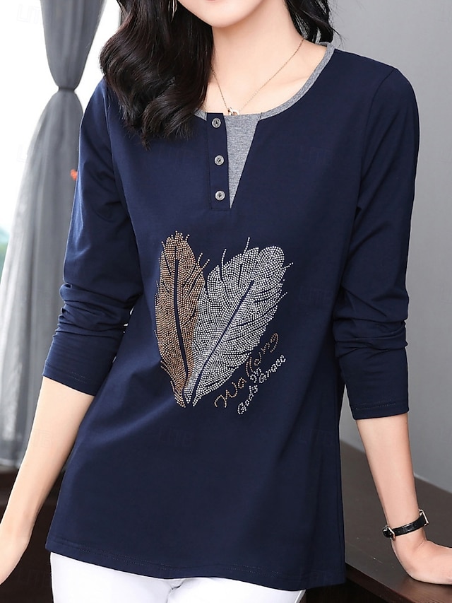  Damen Bluse Feder Stilvoll Lässig Langarm Rundhalsausschnitt Normale Oberteile Täglich Patchwork Salbeigrün Schwarz Rosa Rote Königsblau Frühling Herbst