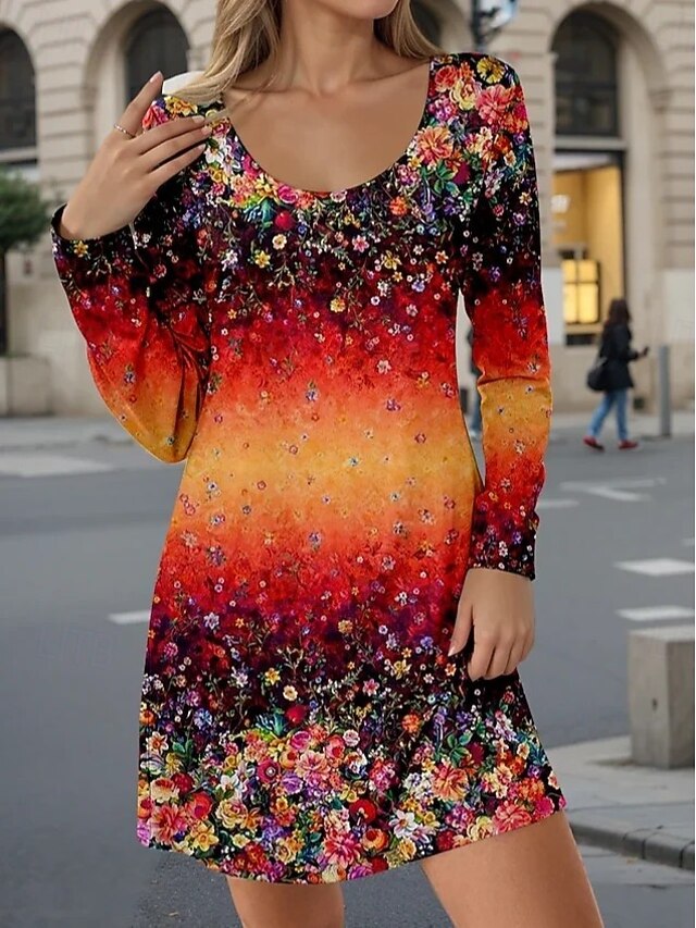 Women's Midi Dress T Shirt Dress Tee Dress Sundress A Line Dress Casual Daily Holiday Date Regular Fit Floral Graphic Long Sleeve Crew Neck Red Blue Orange Summer Spring Fall Winter4