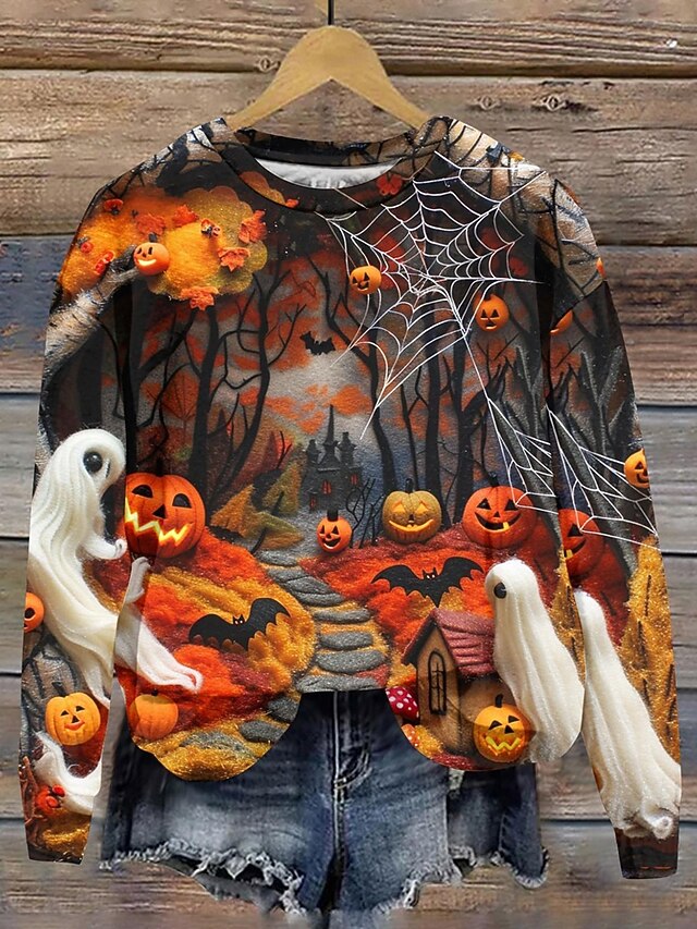 Halloween Women's Pullover Sweatshirt Graphic Skull Fashion Casual Long Sleeve Crew Neck Regular Tops Street Dailywear Casual Print Black Blue Orange Fall Winter4