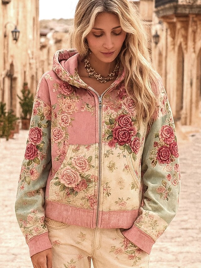 Women's Zip Up Hoodies Floral Graphic Fashion Casual Long Sleeve Hooded Regular Tops Street Dailywear Patchwork Zipper Pocket Pink Spring Fall2