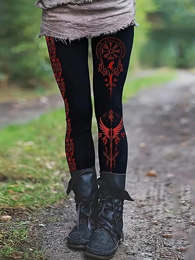 Women's Chinos Leggings Cozy Leggings Vintage Ethnic Style Basic Full Length High Waist Graphic Printing Thermal Warm Comfortable Stretchy Vacation Street Casual Red Fall Winter Slim Fit4