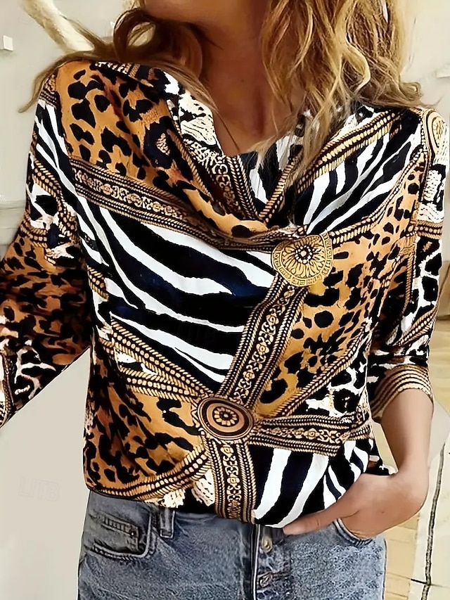  Damen Hemd Leopard Geometrisch Elegant Täglich Langarm Wasserfallausschnitt Normale Oberteile Arbeit Täglich Abendgesellschaft Drapiert Braun Frühling Herbst Winter Frühling, Herbst, Winter, Sommer