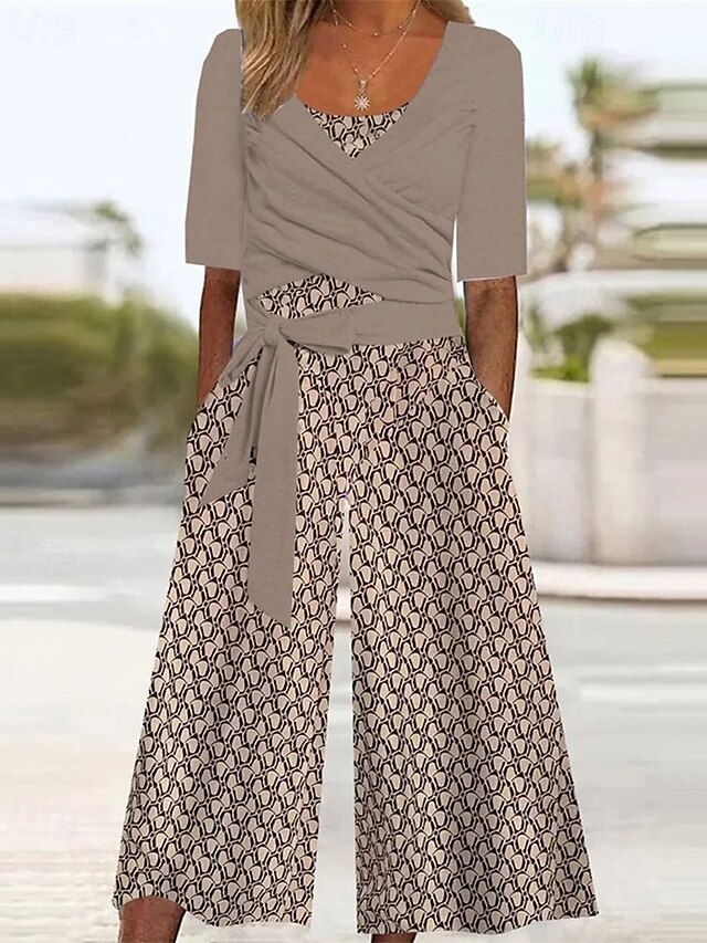 Women's Normal Jumpsuit Streetwear Geometric Half Sleeve Wide Leg U Neck Pocket Street Daily Regular Fit Khaki Spring4