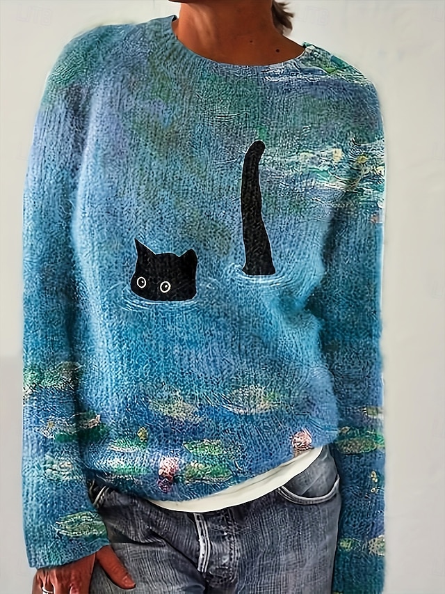 Women's Sweater Pullover Daily Casual Graphic Animal Color Gradient Ribbed Crew Neck Knitted Print Long Sleeve Regular Tops Knit Outdoor Weekend Blue Fall Winter4