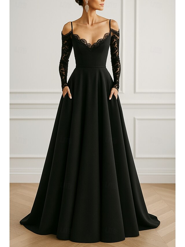 Black A-Line Evening Gown Elegant Formal Dress Formal Wedding Floor Length Long Sleeve Off Shoulder Capes Lace with Pocket 20254