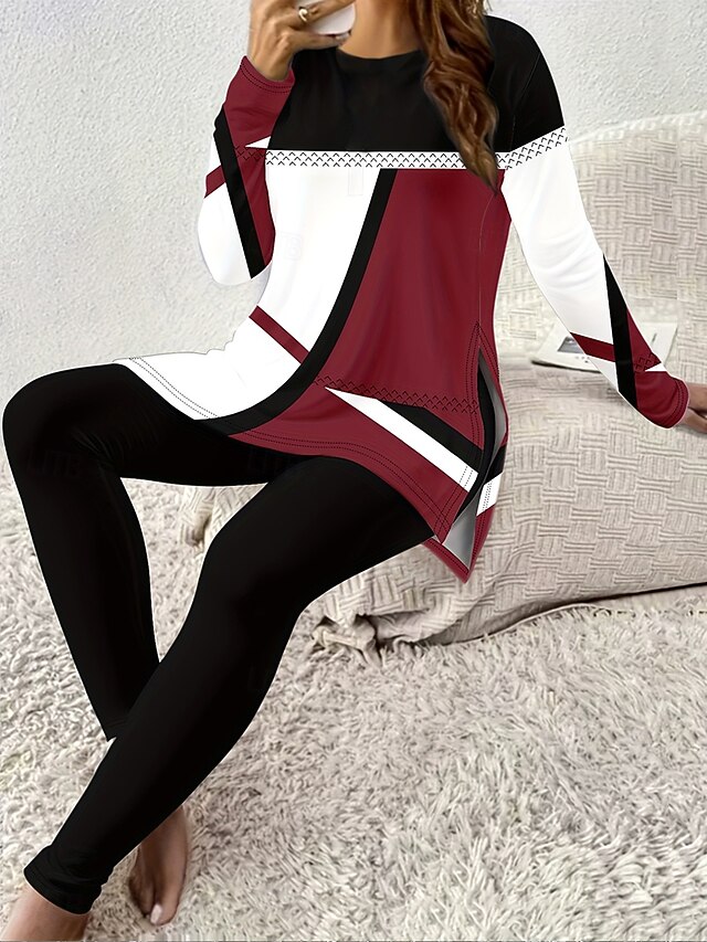 Women's Elegant Vacation Fashion T Shirt Pants Sets Long Sleeve Crew Neck Round Neck Graphic Geometric Striped Print Casual Daily Casual Daily Burgundy Green Dark Gray Spring Regular Fit4