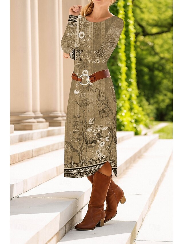 Women's Midi Dress Sheath Dress Shift Dress Casual Daily Regular Fit Floral Graphic Paisley Long Sleeve Crew Neck Light Brown Summer Spring Fall Winter2