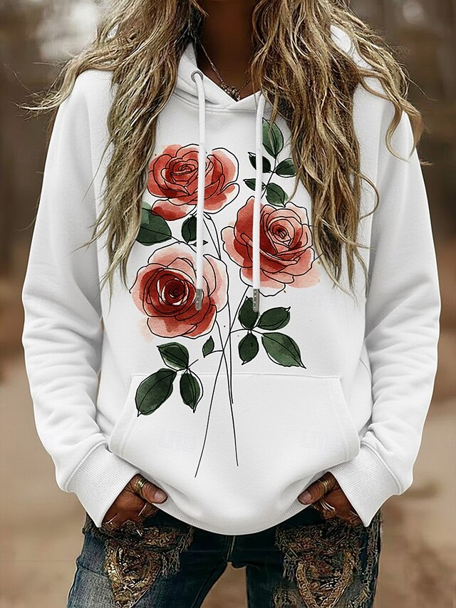 Women's Pullover Hoodies Floral Rose Fashion Streetwear Casual Long Sleeve Hooded Regular Tops Dailywear Casual Sports Drawstring Pocket Print Black White Spring Fall4