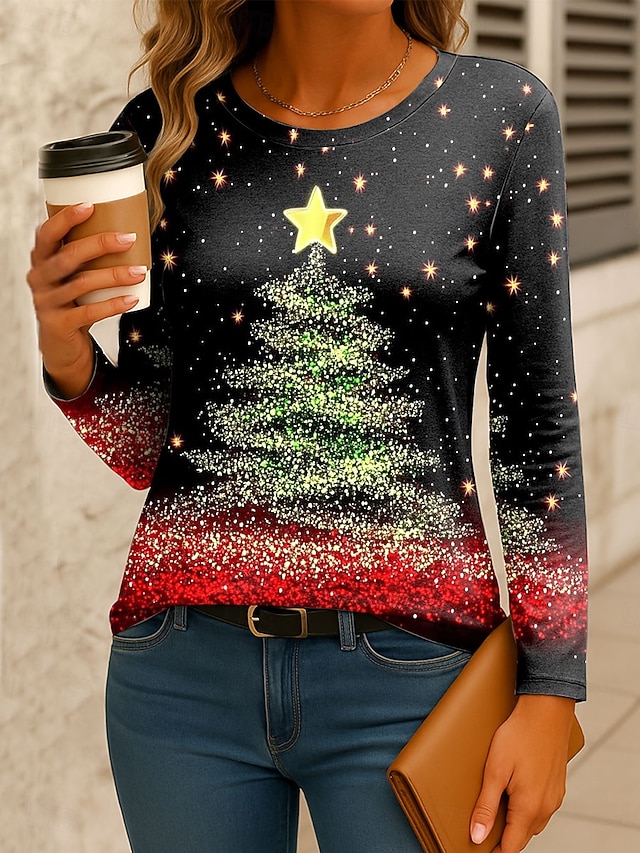 Noël Femmes T-shirt Graphique Arbre de Noël ancien Mode Élégant manche longue Col ras du cou Hauts Réguliers Quotidien Week-end Imprimé Jaune Rose Claire Rouge Bleu Vert Printemps Automne Hiver