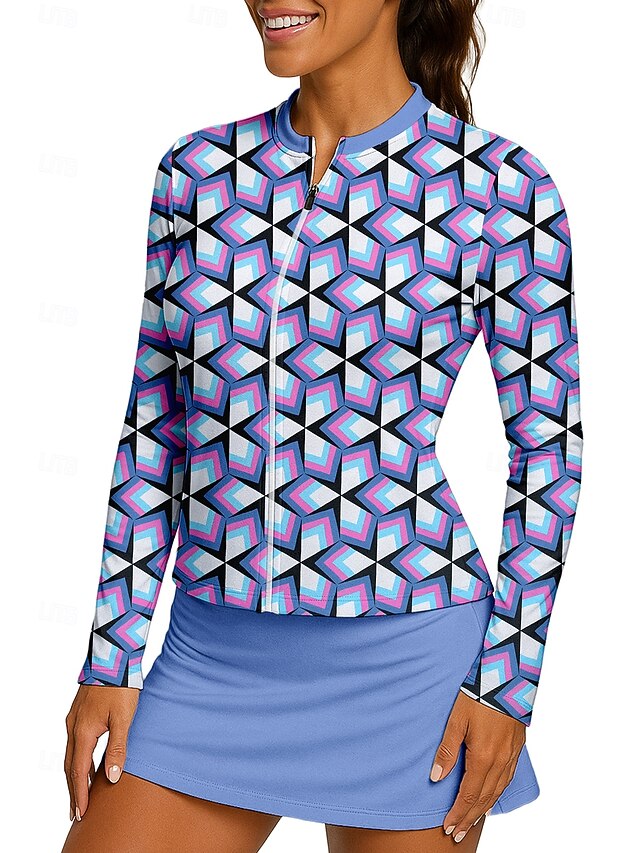Women's Geometric Sport Shirt Tennis Shirt Tennis Top Long Sleeve Zipper Floral UPF50+ UV Resistant High Elasticity Moisture Wicking Breathable Volleyball Tennis Golf Stand Collar Zip Collar Shirt4