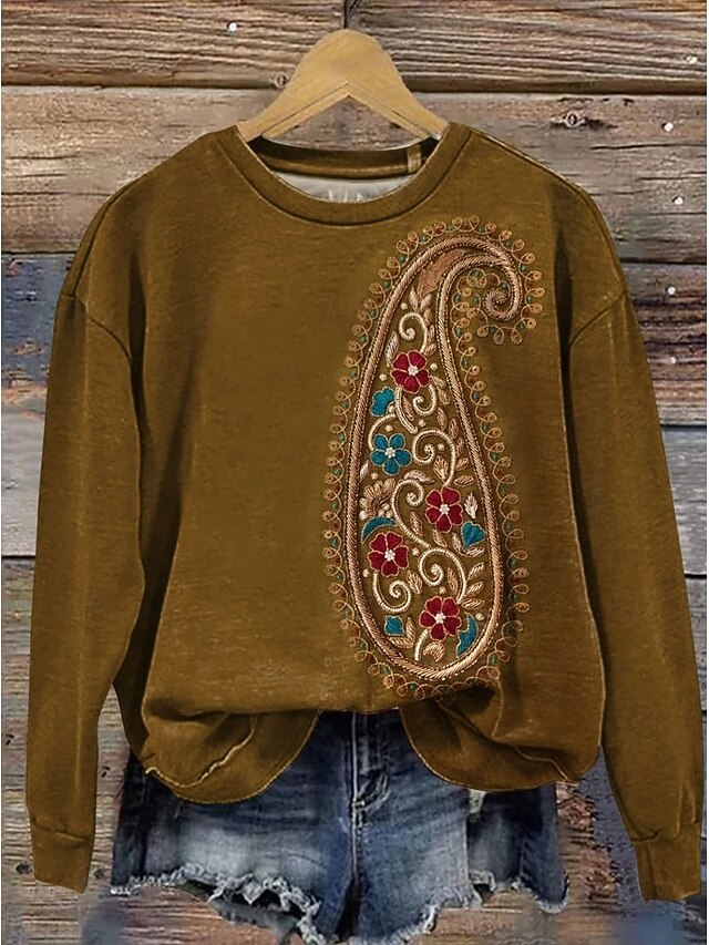 Women's Pullover Sweatshirt Graphic Paisley Casual Long Sleeve Crew Neck Regular Tops Home Work Street Brown Spring Fall Winter2