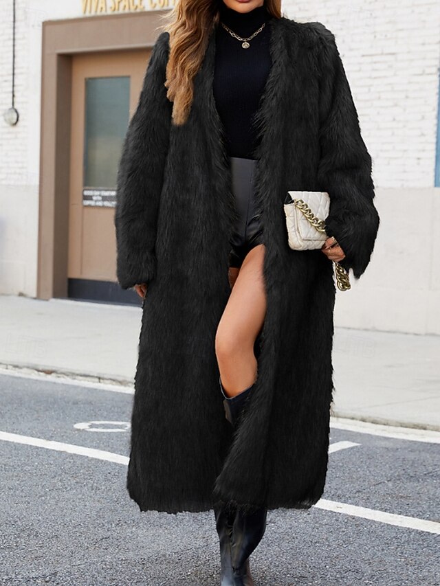 Women's Coat Faux Fur Coat Warm Comfortable Furs & Leathers Casual Plain Vacation Daily Wear Going out Weekend Long V Neck Regular Fit Long Sleeve Outerwear Black Fall Winter4