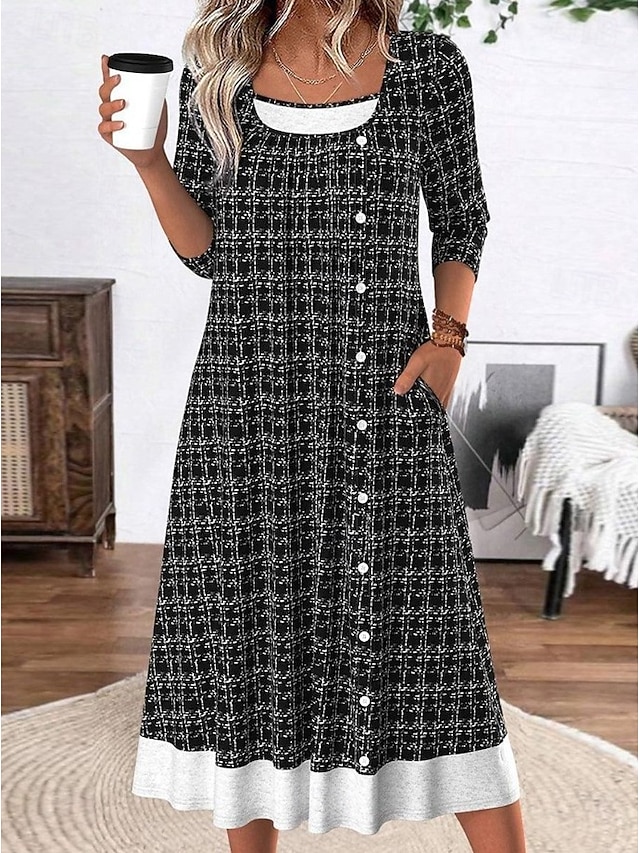  Damen Midikleid Shiftkleid Lässig Täglich Normale Passform Grafik Geometrisch Langarm Quadrathals Schwarz Frühling Herbst Winter