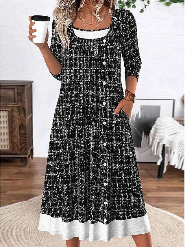 Women's Midi Dress Shift Dress Casual Daily Regular Fit Graphic Geometric Long Sleeve Square Neck Black Spring Fall Winter3