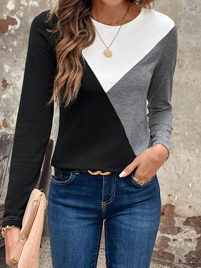 Women's T Shirt Graphic Geometric Vintage Stylish Classic Long Sleeve Crew Neck Regular Tops Daily Print Gray Spring Fall Winter4