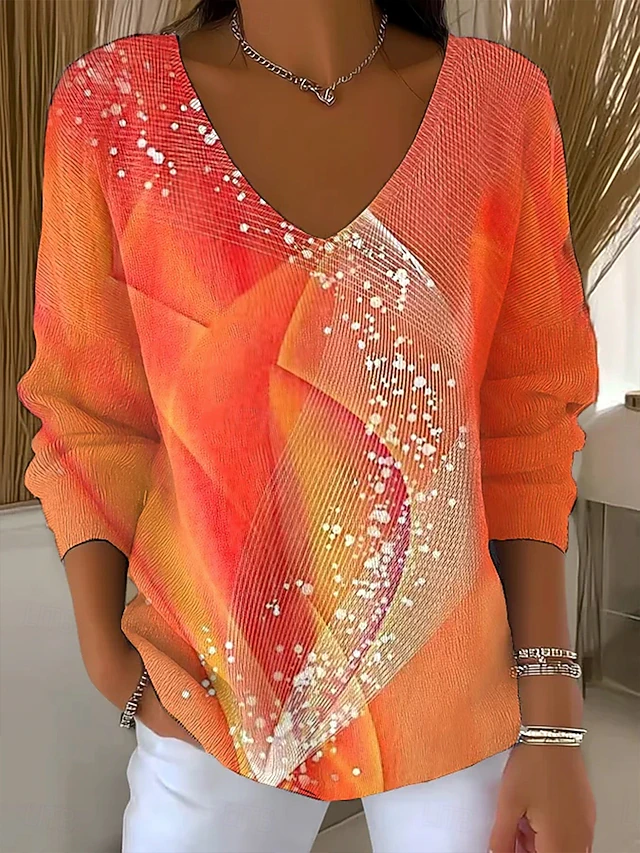 Women's Sweater Casual Soft Graphic Geometric Abstract Ribbed V Neck Knitted Print Long Sleeve Regular Tops Knit Outdoor Daily Weekend Orange Fall Winter4