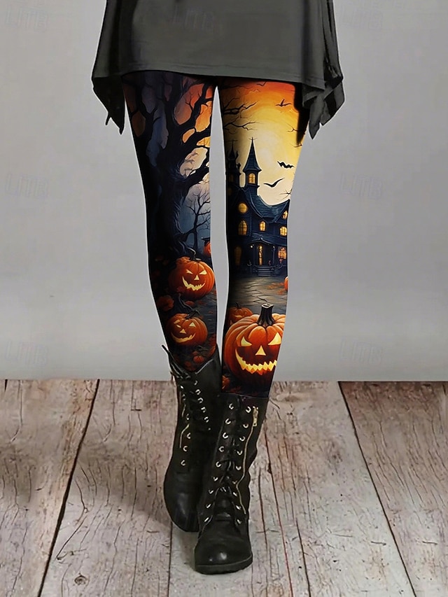 Női Leggingek Kényelmes leggings Alap Alkalmi Teljes hossz Magas derékPantsMindszentek napja Grafika Nyomtatás Melegen tartani Kényelmes Nyúlós Vakáció Hétköznapi Napi Narancssárga Ősz Tél