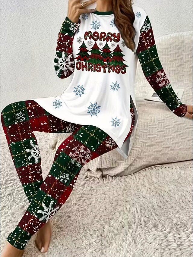 Women's Elegant Vacation Fashion T Shirt Pants Sets Long Sleeve Crew Neck Graphic Ugly Christmas Print Casual Daily Casual Daily White Spring Regular Fit3