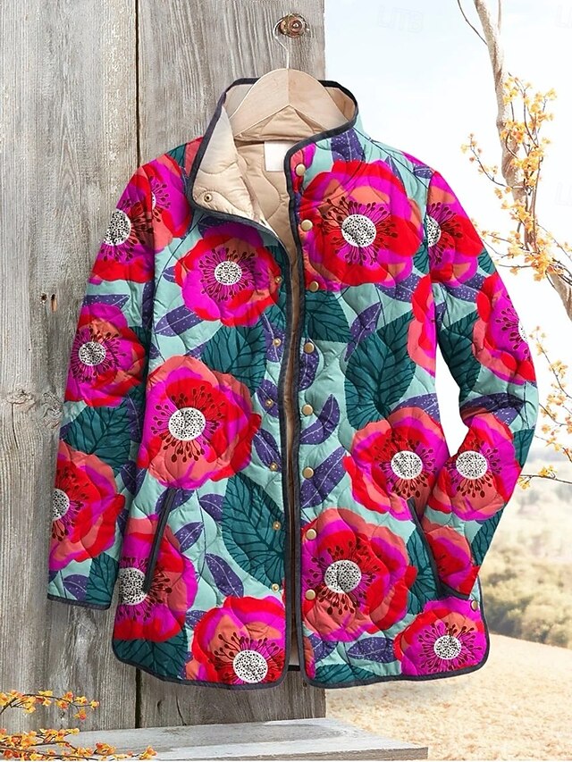 Women's Winter Jacket Puffer Jacket Warm Comfortable Pocket Buttons Print Fashion Daily Outdoor Floral Vacation Casual Daily Single Breasted Regular Stand Collar Regular Fit Long Sleeve Outerwear Red4