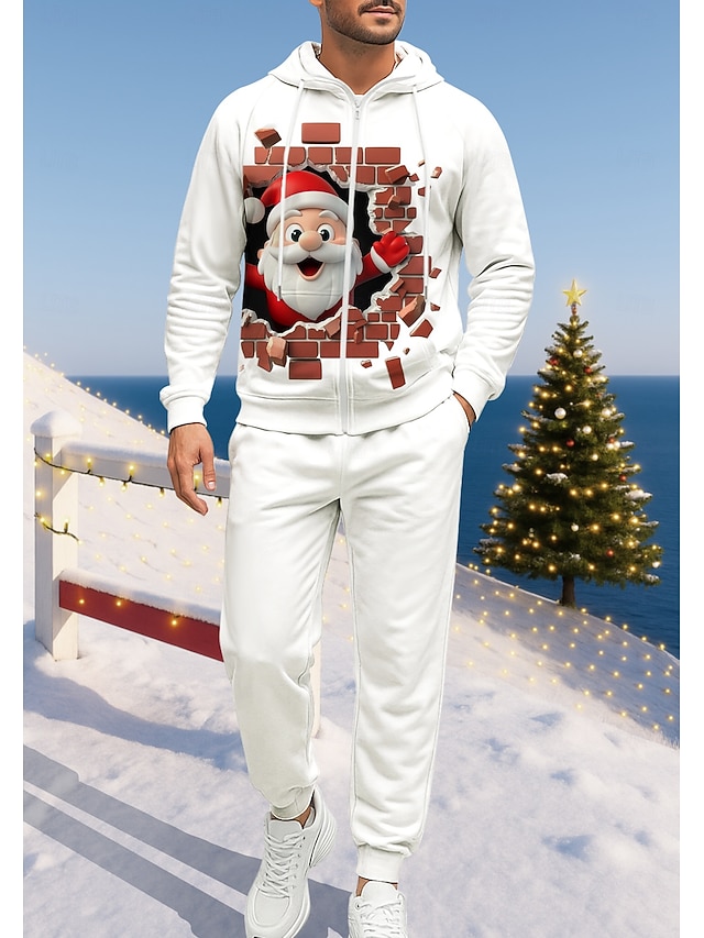  Natale Per uomo Felpa con cappuccio Tuta da Ginnastica Felpa con cappuccio con zip Coulisse Tasche Pantaloni Felpa con Cappuccio Felpa Autunno Bianco Rosso Allenamento in Palestra Casuale